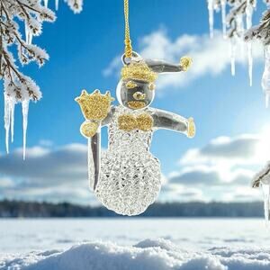 Vintage Hand Spun Glass Snowman w/ Gold Accents Ornament 3" Original Box 1990s